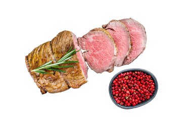 Biftek fileto fileto eti, beyaz arka planda izole edilmiş, üst manzara.