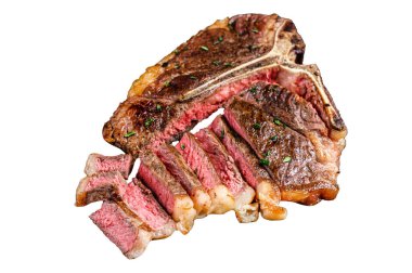 İtalyan usulü ızgara mı, biftek bifteği mi? Beyaz arkaplanda izole edilmiş, üst görünüm