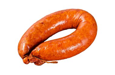 Sıcak Tütsülenmiş sosis beyaz arkaplanda izole edilmiş, üst görünüm
