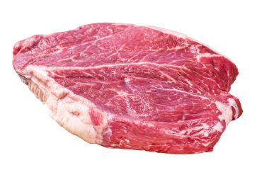 Kuru, çiğ, yuvarlak biftek, beyaz arka planda izole edilmiş, üst manzara.