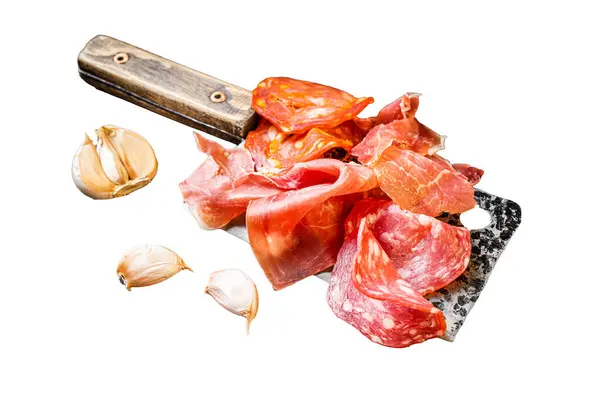 Spanish cured meat salami, jamon, choriso cured sausages on a meat cleaver. Isolated on white background, top view