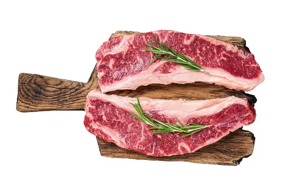 Prime Black Angus beef steaks Raw Striploin or New York. Isolated on white background, top view