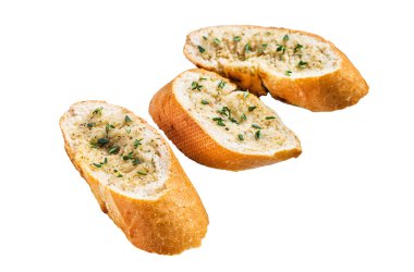 Salt, Pepper, Thyme ve zeytinli tost ekmeğine sarımsaklı tereyağı. Beyaz arkaplanda izole edilmiş, üst görünüm