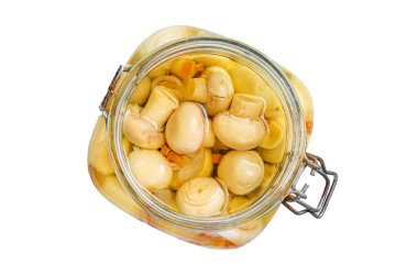 Cam kavanozda turşulu mantar şampiyonları. Beyaz arkaplanda izole edilmiş, üst görünüm