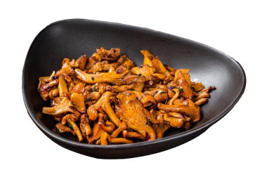 Kızarmış orman mantarı ve şifalı otlar. Beyaz arkaplanda izole edilmiş, üst görünüm