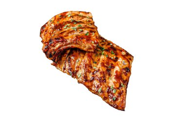 Barbekü domuz pirzolası. Beyaz arka planda, üst tarafta.