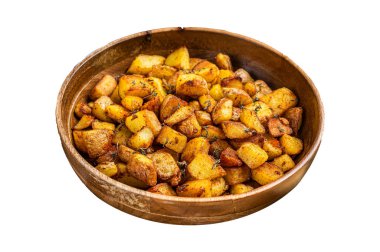 Kızarmış patates - Patatas bravas geleneksel İspanyol patatesleri tapas. Beyaz arkaplanda izole edilmiş, üst görünüm