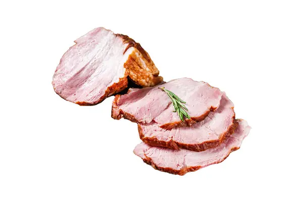 Cold Smoked pork sirloin meat with herbs Isolated on white background, top view