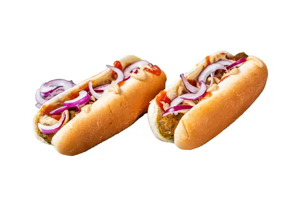 Vegetarian hot dog with with toppings and meatless sausage. Isolated on white background, top view