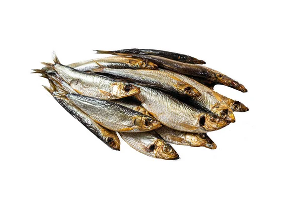 Smoked sprat fishes marinated with spices. Isolated on white background, top view