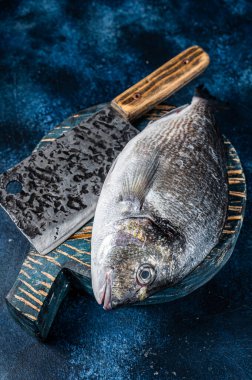 Sea bream or dorado fish on fish market cutting board. Blue background. Top view.