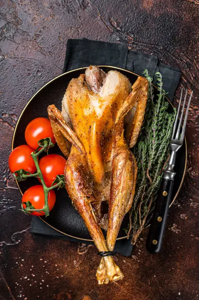 Roast Guinea Fowl Herbs Spices Cooked Game Bird Dark Background — Stockfoto
