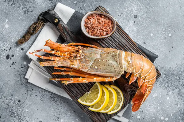 Cooked Spiny lobster or sea crayfish on a wooden board. Gray background. Top view.