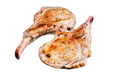 Kızarmış tomahawk domuz pirzolası biftek, beyaz arka planda izole edilmiş, Üst Manzara