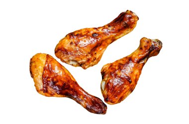 Barbekü ızgara tavuk budu. Beyaz arka planda izole edilmiş. Üst manzara.