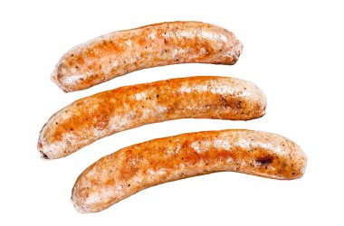 Baharat ve otlarla kızartılmış sosisler beyaz arka planda izole edilmiş, Üst Manzara