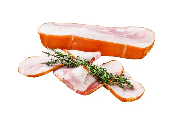 Pork belly with skin, cut slices. Isolated on white background, Top view