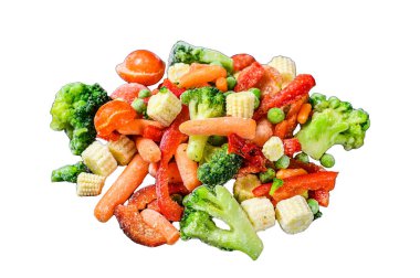 Donmuş soğuk sebzeler, brokoli, tatlı biber, domates, havuç, bezelye ve mısır. Beyaz arkaplanda izole edilmiş, Üst görünüm