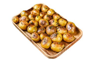 Kekik ve tuzlu kızarmış patates. Beyaz arkaplanda izole edilmiş, Üst görünüm