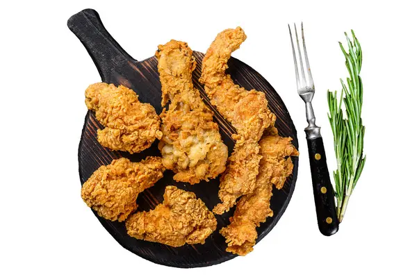 Breaded chicken drumstick, leg, wing and breast tenders strips. Isolated on white background, Top view