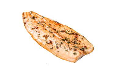 Pişmiş somon fileto, otlu ve pembe biberli. Beyaz arka planda izole edilmiş. Üst görünüm