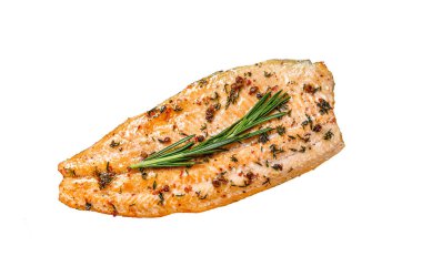 Beyaz arka planda pişirilmiş alabalık filetosu. Üst görünüm
