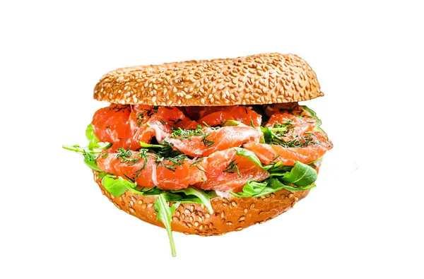 Smoked salmon bagels sandwich with soft cheese and arugula Isolated on white background. Top view