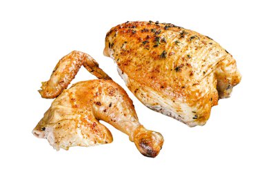 Bütün tavuğu ızgara yaptım. Beyaz arka planda izole edilmiş. Üst görünüm