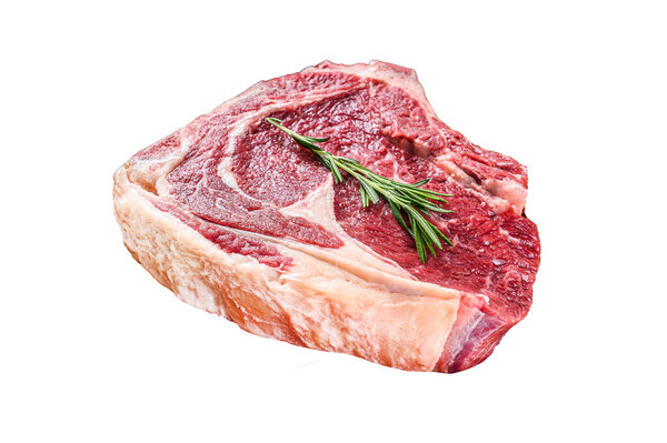 Raw cowboy steak or ribeye on the bone on a cutting board. Marble beef. Isolated on white background. Top view