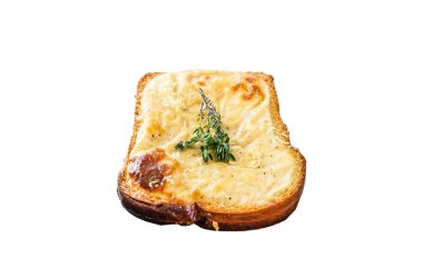Peynirli ve jambonlu croque Monsieur sandviçi. Beyaz arka planda izole edilmiş. Üst görünüm