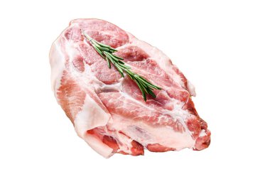 Çiğ domuz boynu, sebze yaprakları ve baharatlarla et doğrar. Beyaz arka planda izole edilmiş. Üst görünüm