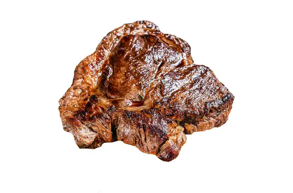 Grilled beef marbled steak. Chuck eye roll Isolated on white background. Top view