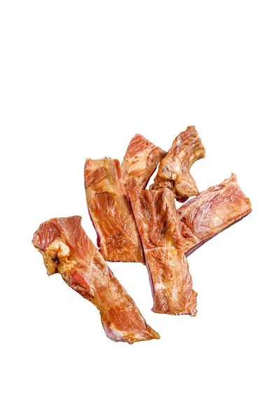 Smoked pork ribs. Barbeque spicy spareribs. BBQ food. Isolated on white background. Top view