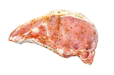 Bitki ve baharatlı çiğ et. Salamura domuz bifteği. Yemek yapmak için gerekli malzemeler. Beyaz arka planda izole edilmiş. Üst görünüm.