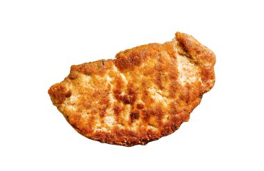 Kızarmış tavuk şnitzeli beyaz arka planda izole edilmiş. Üst görünüm