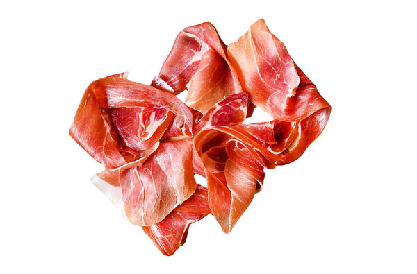 prosciutto crudo, italian salami, parma ham. Antipasto plate. Isolated on white background. Top view