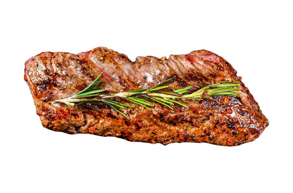 Grilled skirt, machete steak Isolated on white background. Top view