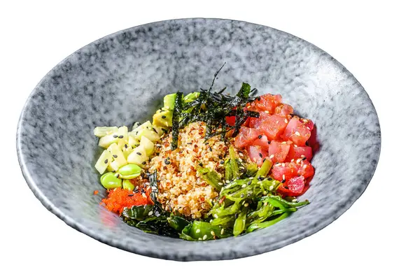 Tuna poke bowl with seaweed, avocado, cucumber, radish, sesame seeds. Isolated on white background. Top view