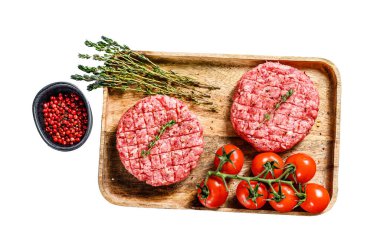 Kıymalı hamburger pirzolası. Beyaz arka planda izole edilmiş. Üst görünüm