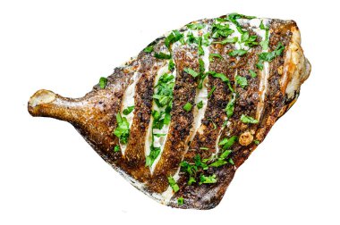 Limonlu ve maydanozlu ızgara John Dory balığı. Beyaz arka planda. Üst görünüm