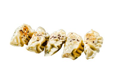 Köy siyah masasında domuz pastırması. Dim sum beyaz arka planda izole edildi. Üst görünüm