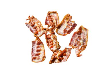 Kızarmış domuz pastırması dilimleri. Çiftlik organik eti. Beyaz arka planda izole edilmiş. Üst görünüm