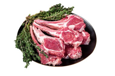 Raw lamb chops, fresh mutton meat cutlets on a ribs. Isolated on white background. Top view clipart