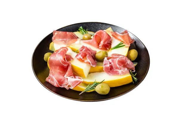 Prosciutto ham and melon salad in a plate. Isolated on white background