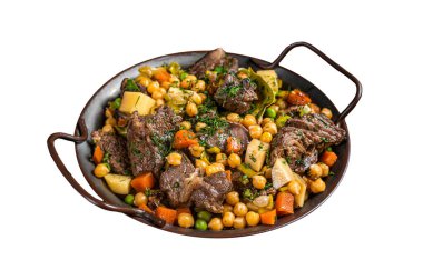 İspanyol cocido Madrid güveci, nohut, et, havuç ve patates. Beyaz arkaplanda izole