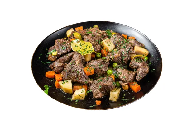 Beef meat stew, braised beef meat with vegetables in a plate. Isolated on white background