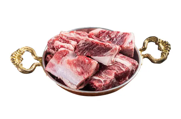 Fresh Raw Diced Beef Marbled Meat Steel Skillet Herbs Ready — Stock Photo, Image