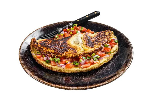 Tortilla Huevo Rellena Con Tomate Cebolla Hierbas Plato Aislado Sobre Imagen De Stock