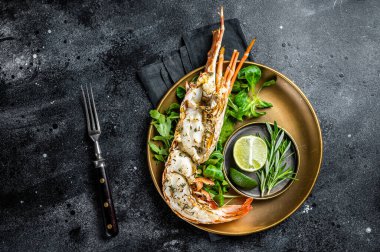 Grilled Spiny lobster with salad on a plate. Black background. Top view.