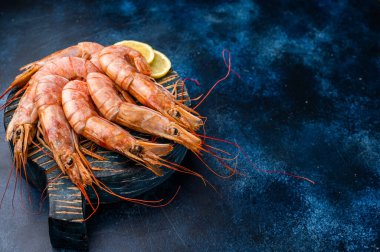 Tahtada kırmızı Arjantin karidesleri, çiğ karidesler Langostino Austral pişirmeye hazır. mavi arka plan. en üstteki görünüm.